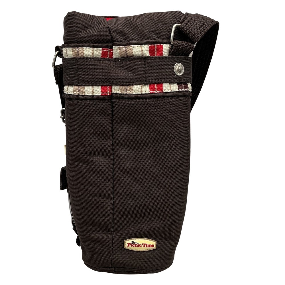 Picnic Time Insulated‎ Wine Bottle Carrier Bag Brown Canvas Plaid with Corkscrew